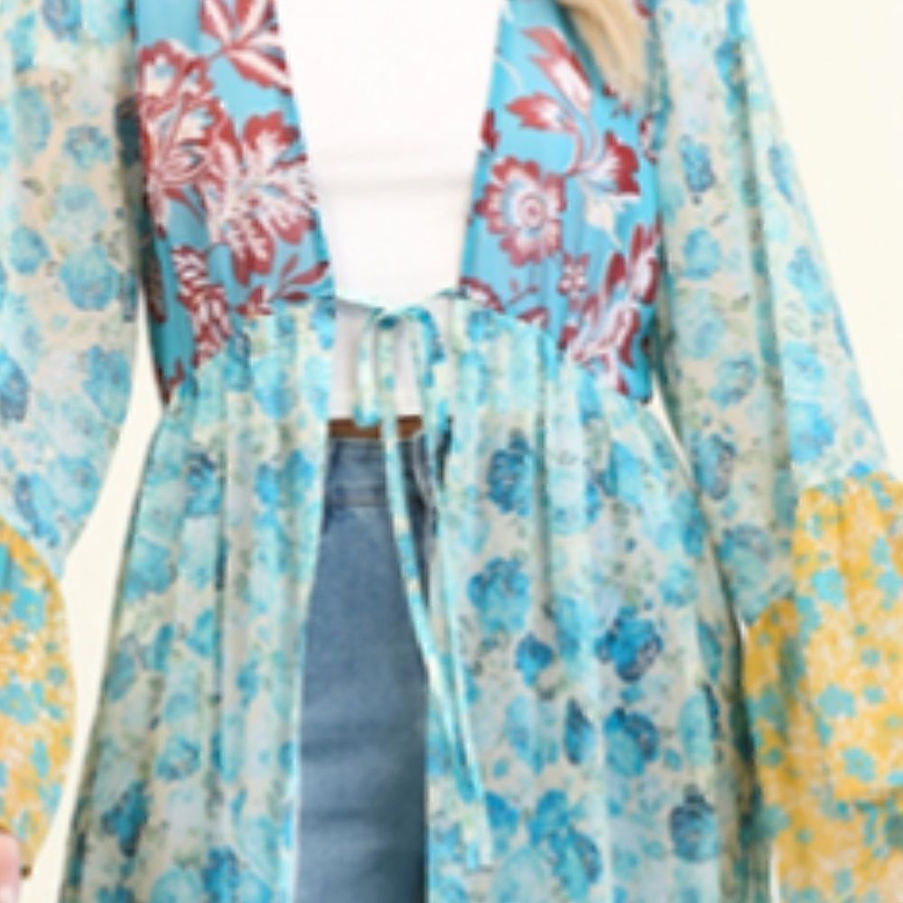 Boho Mixed Floral Bell Sleeves Tie Front Kimono Beach Cover Hippie Festival Vibe - Picture 9 of 11